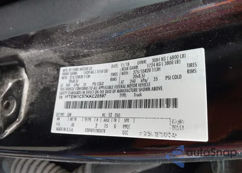 2019 Ford F-150 Xl from USA, damaged, VIN 1FTEW1C57KKC20597